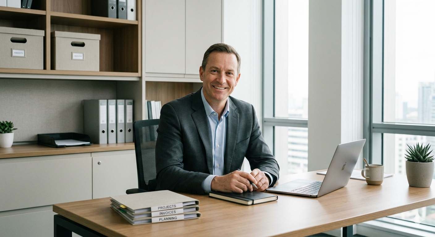 Confident business owner at a clean, organised desk with labelled storage