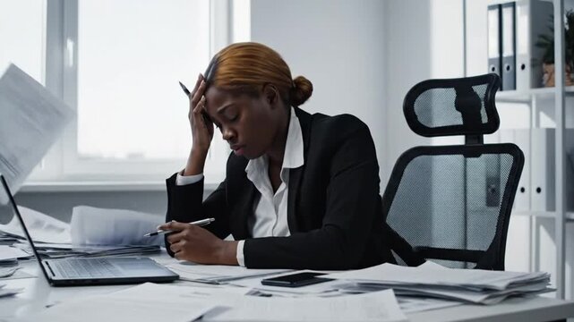 Business owner overwhelmed at a desk buried in scattered paperwork